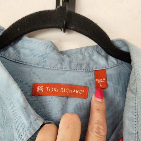 Tori Richard Silk Blend Blue Button Down Shirt Hawaiian Tropical Beachy Men's L - Picture 6 of 9